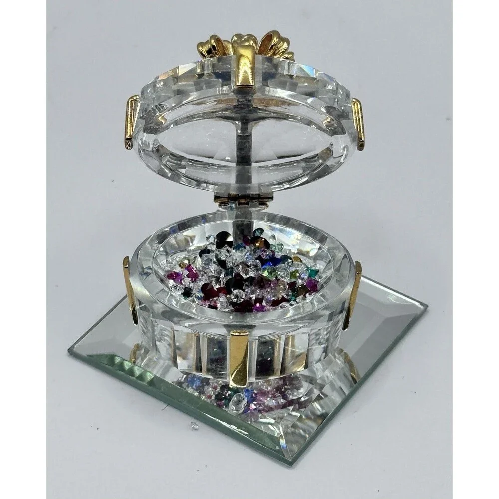 Glass Trinket Box Gold Bow Hinged Jewelry Holder Ring Box w Mirror